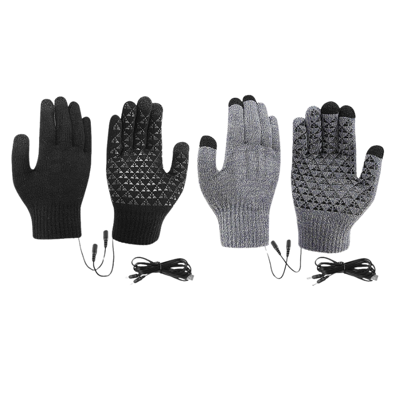 "USB-betriebene elektrische Heizhandschuhe, grau-schwarz, touchscreen-freundlich, atmungsaktiv, texturierte Handflächen."