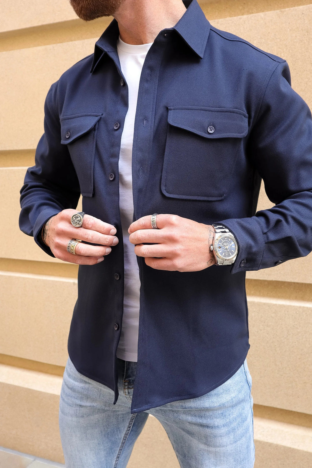 Versatile men's stretch overshirt with practical chest pockets, perfect for casual or smart casual layered looks.