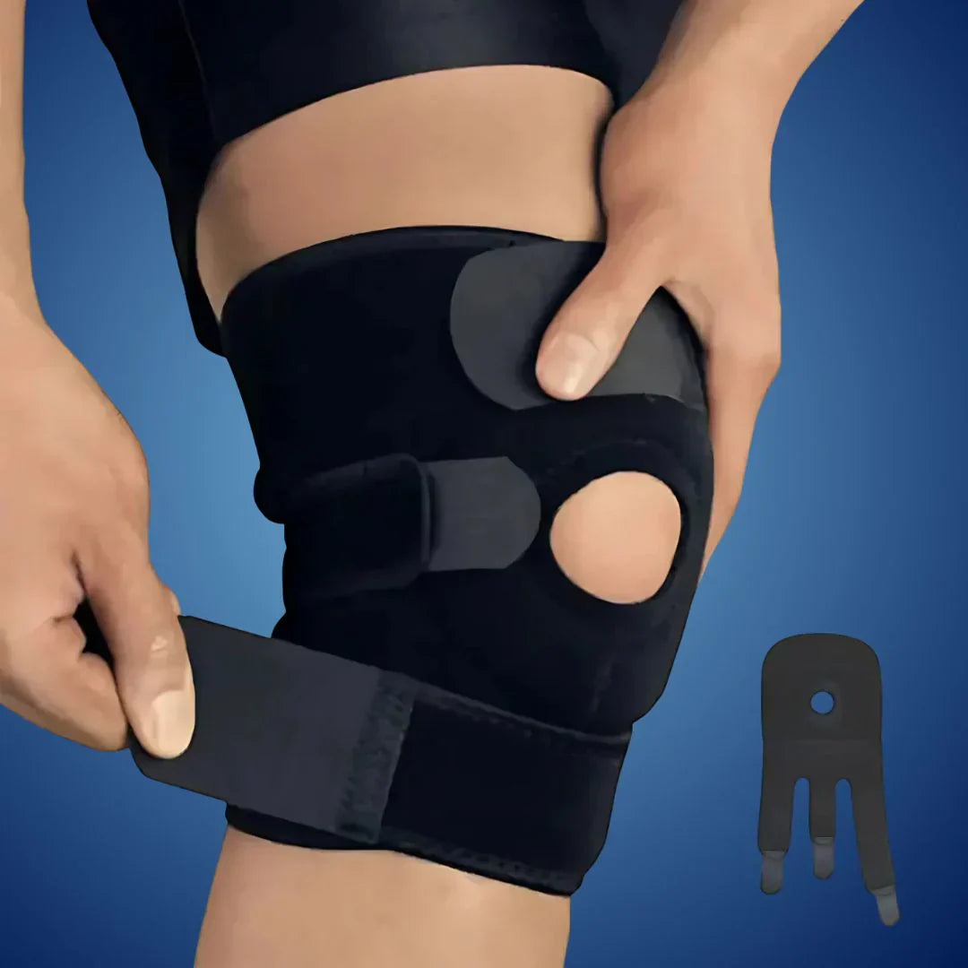 Verstellbare ProFlex Kniebandage in Schwarz, atmungsaktiv mit Stabilisatoren, ideal zur Schmerzlinderung und Unterstützung.