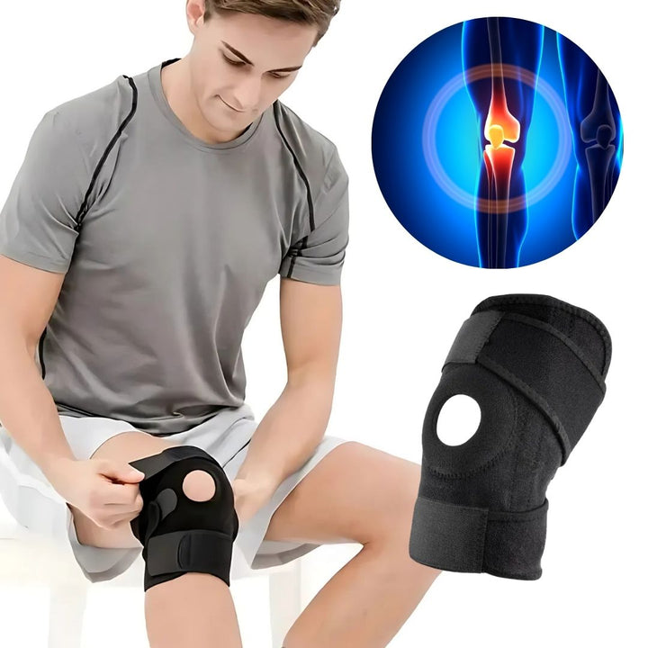 Verstellbare ProFlex Kniebandage in Schwarz, atmungsaktiv mit Stabilisatoren, ideal zur Schmerzlinderung und Unterstützung.