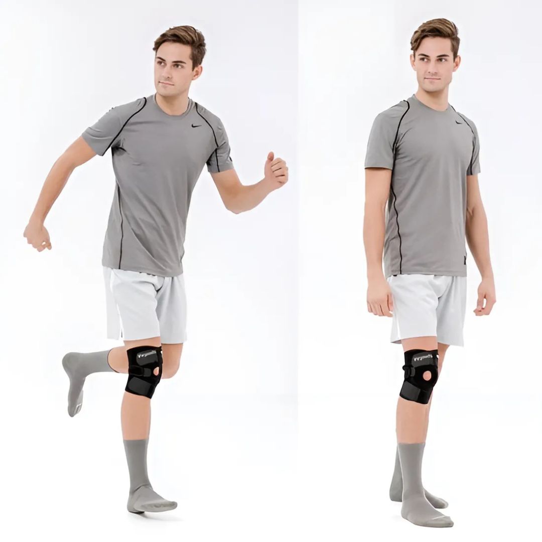 Verstellbare ProFlex Kniebandage in Schwarz, atmungsaktiv mit Stabilisatoren, ideal zur Schmerzlinderung und Unterstützung.