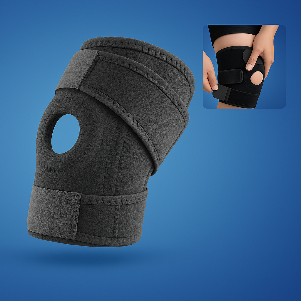 Verstellbare ProFlex Kniebandage in Schwarz, atmungsaktiv mit Stabilisatoren, ideal zur Schmerzlinderung und Unterstützung.