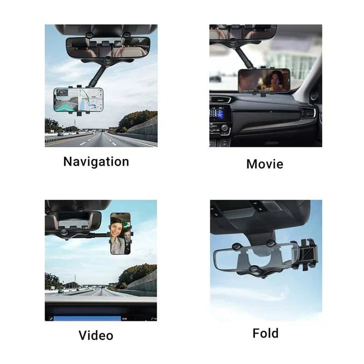 "Verstellbarer 360° Rückspiegel Handyhalter für Autos, optimiert für sichere Navigation und einfache Smartphone-Befestigung."