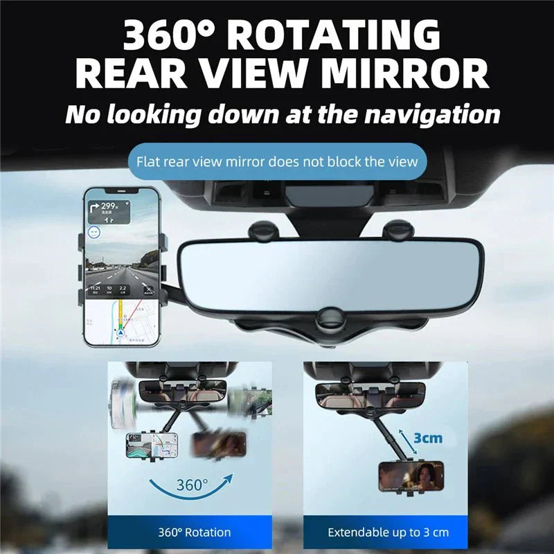 "Verstellbarer 360° Rückspiegel Handyhalter für Autos, optimiert für sichere Navigation und einfache Smartphone-Befestigung."