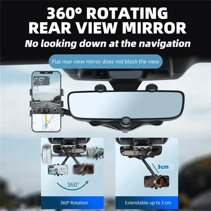 "Verstellbarer 360° Rückspiegel Handyhalter für Autos, optimiert für sichere Navigation und einfache Smartphone-Befestigung."