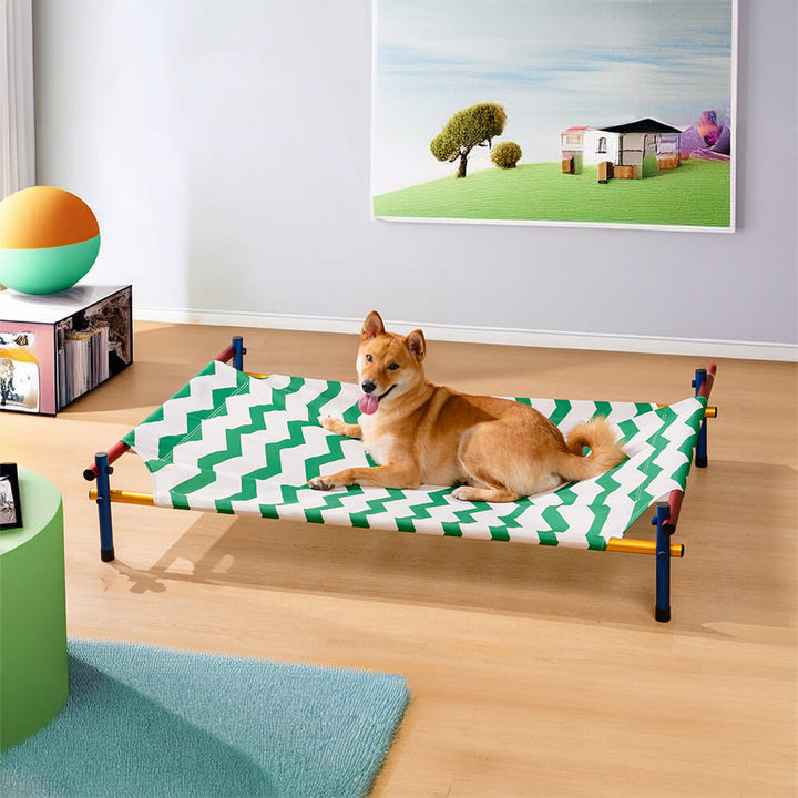 Vibrant elevated dog bed for pets, featuring a unique summer print and sturdy aluminum construction.