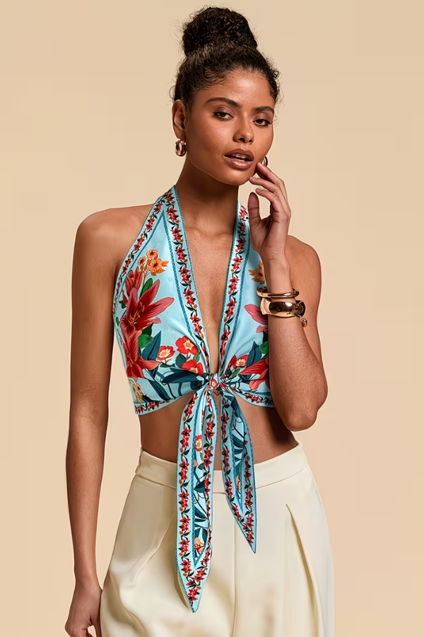 Women's vibrant floral beachwear halter top, a casual & stylish choice for summer.
