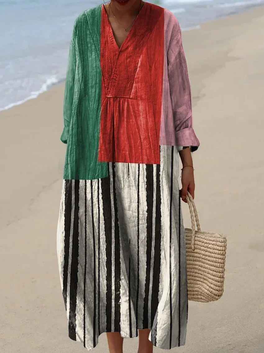 Women's vibrant patchwork maxi dress, a comfortable and stylish casual summer dress with a flowy, elegant design.
