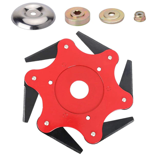 "Vielseitiger Trimmerkopf mit 6 Klingen, schneidet effektiv durch dickes Gras und Unkraut, ideal für Gartenarbeiten"