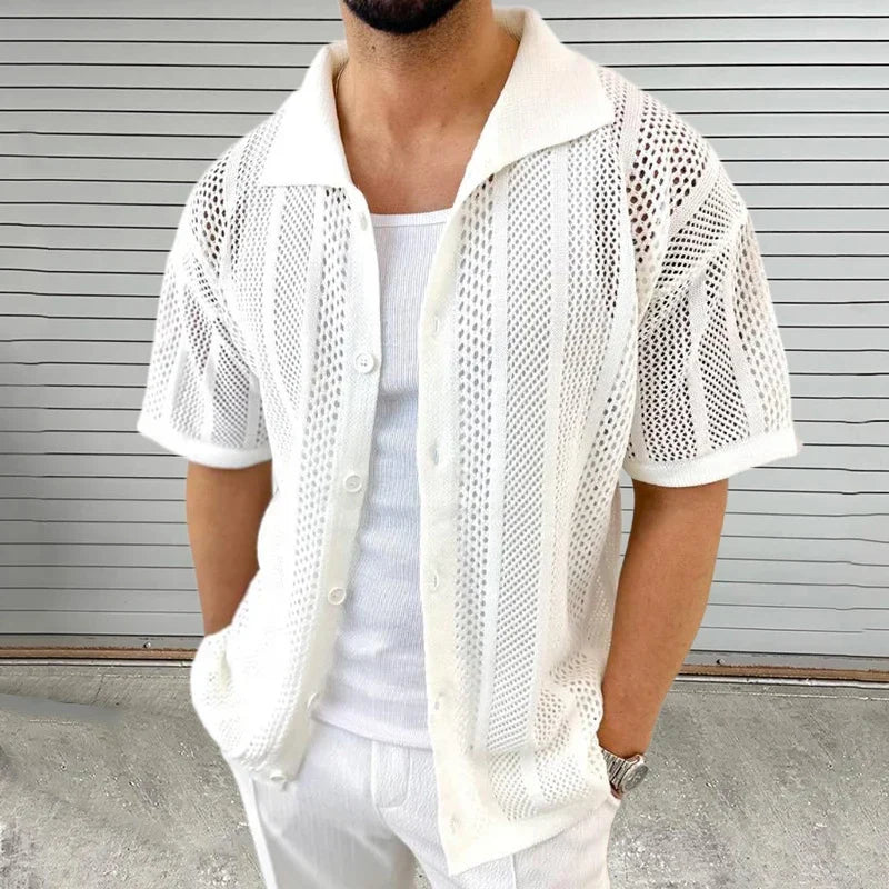 Relaxed fit men's summer shirt featuring a unique hollow pattern, perfect for beach, resort, or everyday casual wear.