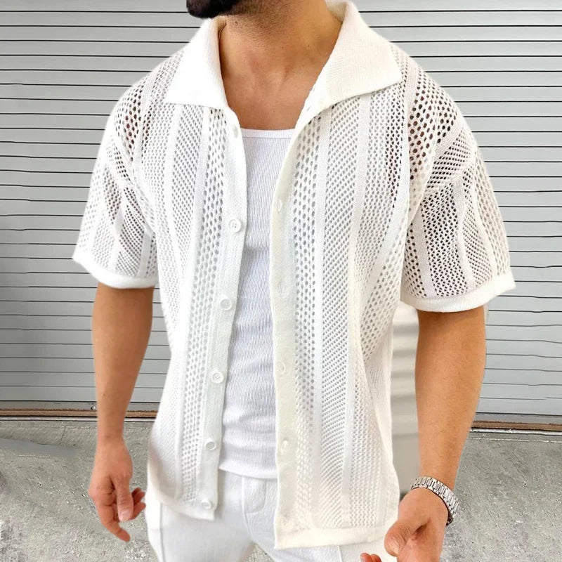 Cool & breathable men's hollow design button shirt in a vintage style, suitable for any casual or vacation event.