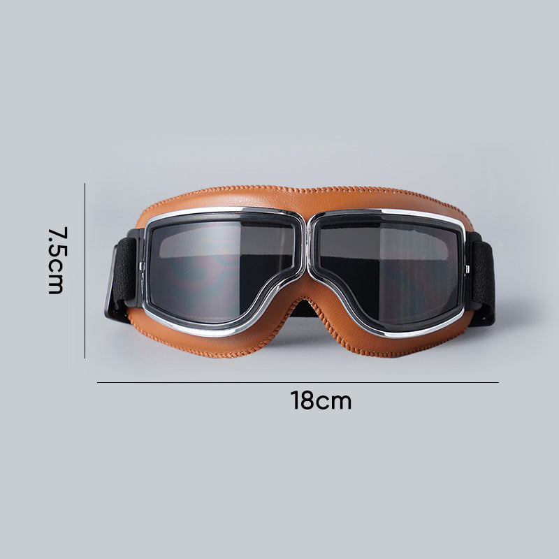 "Vintage Motorradbrille mit UV-Schutz, klassisches Design, braune Linsen, faltbar, verstellbares Band, kratzfest."