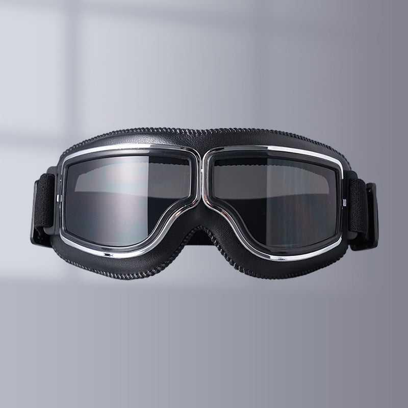 "Vintage Motorradbrille mit UV-Schutz, klassisches Design, braune Linsen, faltbar, verstellbares Band, kratzfest."