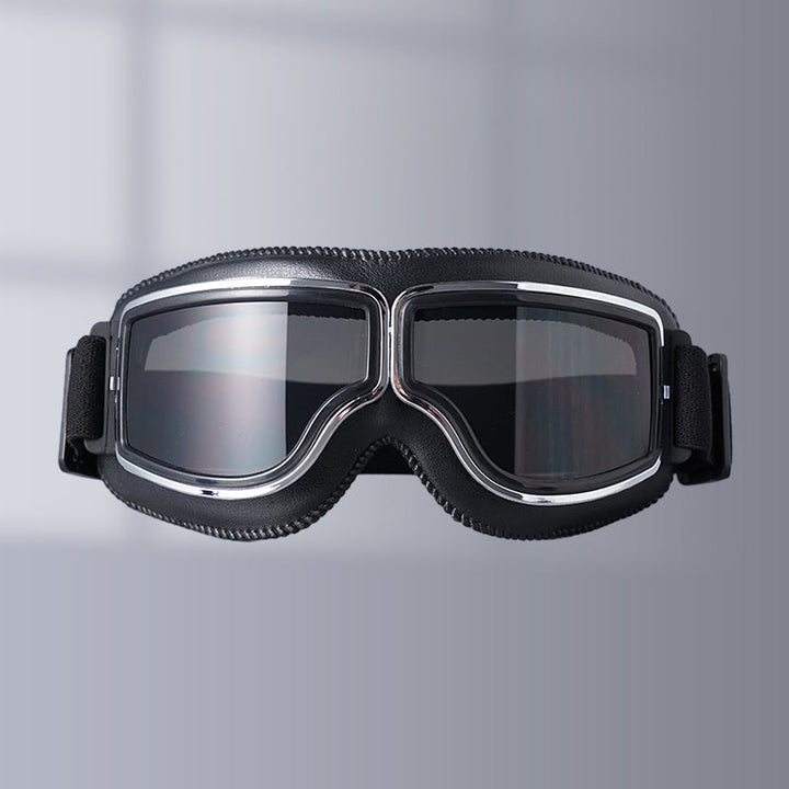 "Vintage Motorradbrille mit UV-Schutz, klassisches Design, braune Linsen, faltbar, verstellbares Band, kratzfest."