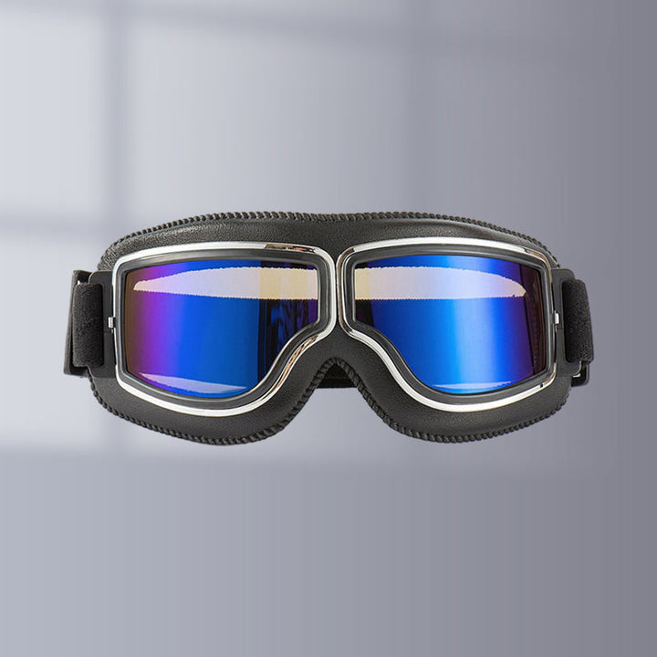 "Vintage Motorradbrille mit UV-Schutz, klassisches Design, braune Linsen, faltbar, verstellbares Band, kratzfest."