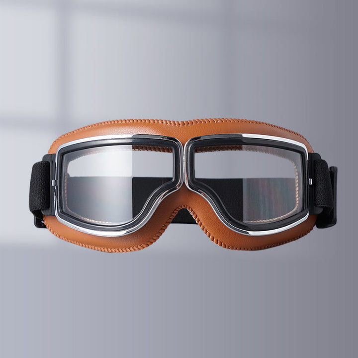 "Vintage Motorradbrille mit UV-Schutz, klassisches Design, braune Linsen, faltbar, verstellbares Band, kratzfest."