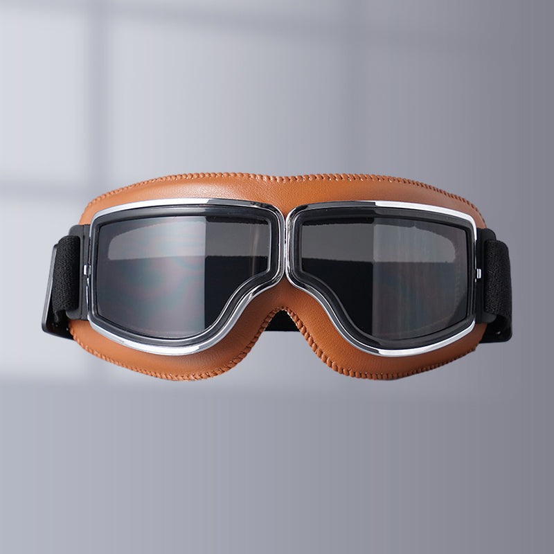 "Vintage Motorradbrille mit UV-Schutz, klassisches Design, braune Linsen, faltbar, verstellbares Band, kratzfest."