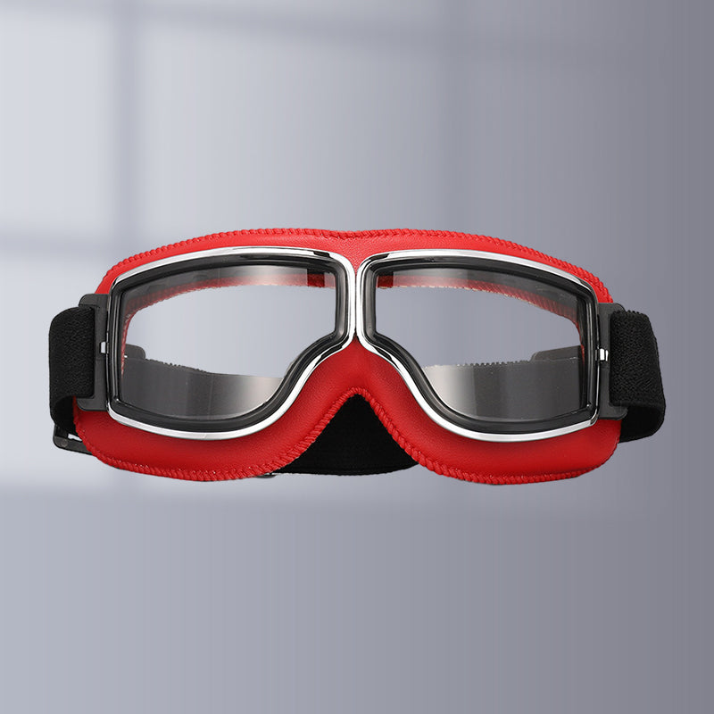 "Vintage Motorradbrille mit UV-Schutz, klassisches Design, braune Linsen, faltbar, verstellbares Band, kratzfest."