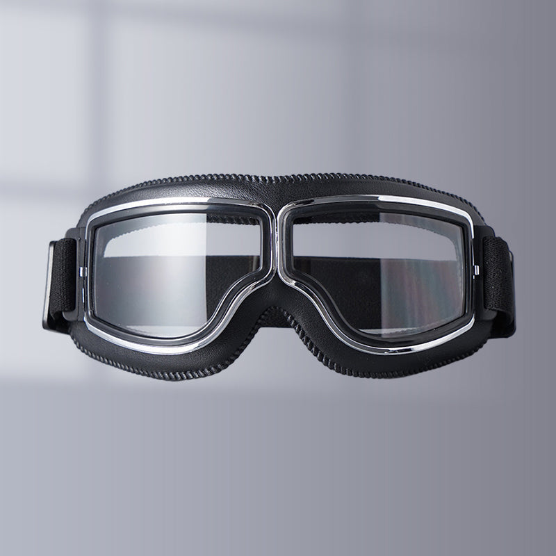 "Vintage Motorradbrille mit UV-Schutz, klassisches Design, braune Linsen, faltbar, verstellbares Band, kratzfest."