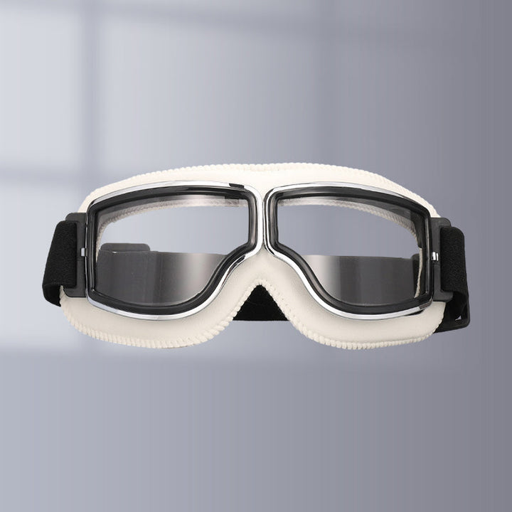 "Vintage Motorradbrille mit UV-Schutz, klassisches Design, braune Linsen, faltbar, verstellbares Band, kratzfest."