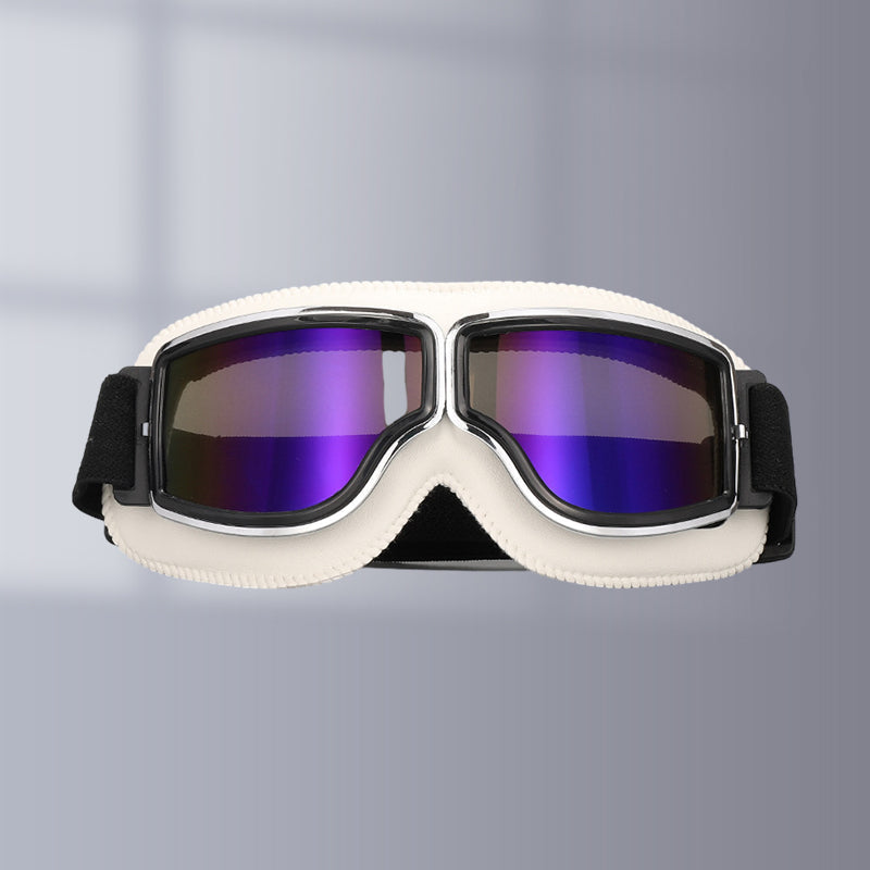 "Vintage Motorradbrille mit UV-Schutz, klassisches Design, braune Linsen, faltbar, verstellbares Band, kratzfest."