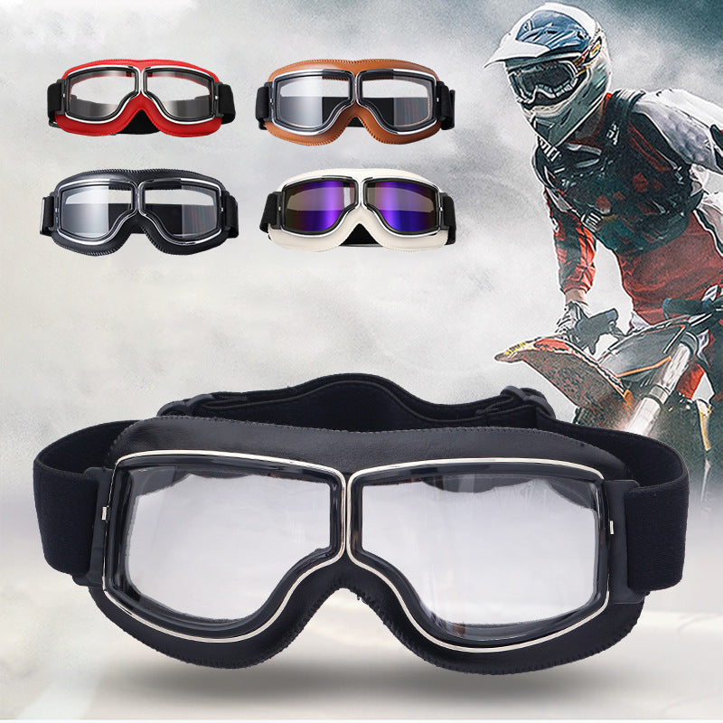 "Vintage Motorradbrille mit UV-Schutz, klassisches Design, braune Linsen, faltbar, verstellbares Band, kratzfest."