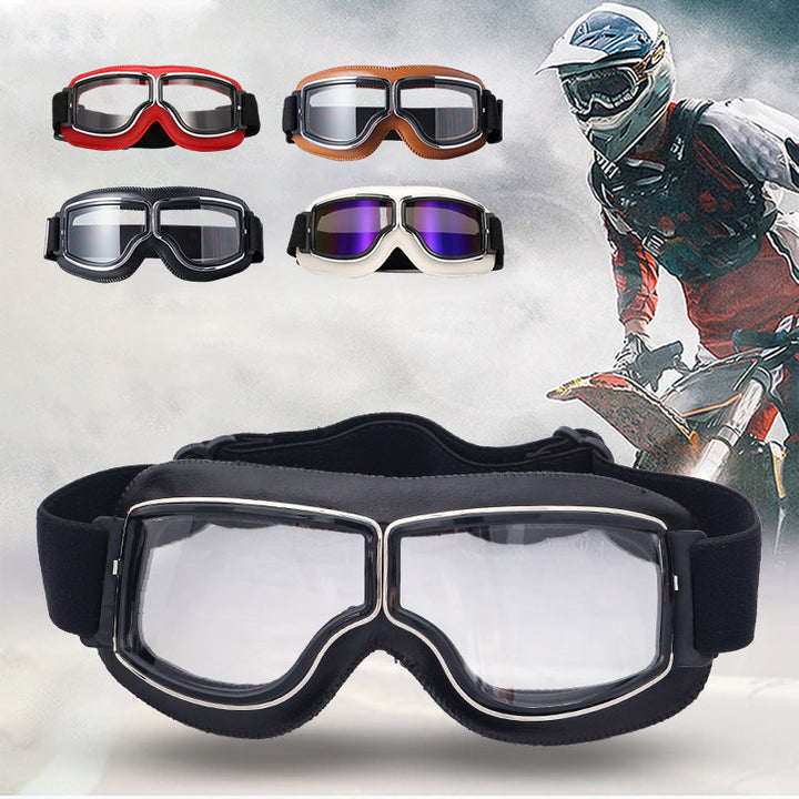 "Vintage Motorradbrille mit UV-Schutz, klassisches Design, braune Linsen, faltbar, verstellbares Band, kratzfest."