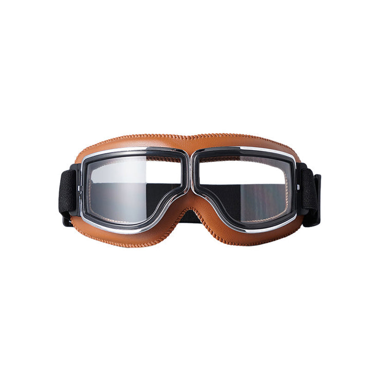 "Vintage Motorradbrille mit UV-Schutz, klassisches Design, braune Linsen, faltbar, verstellbares Band, kratzfest."