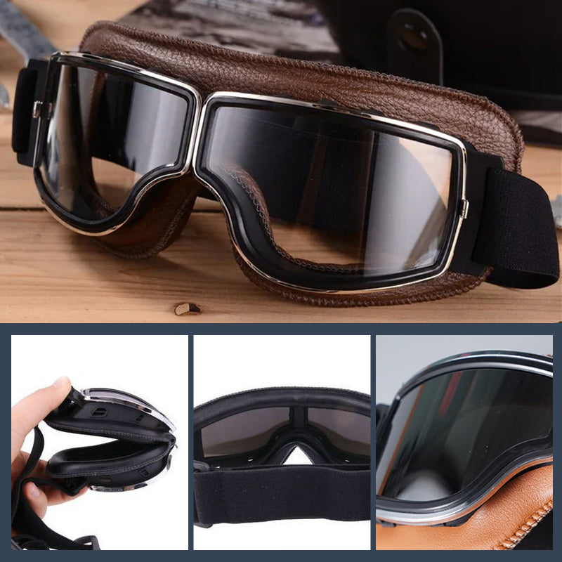 "Vintage Motorradbrille mit UV-Schutz, klassisches Design, braune Linsen, faltbar, verstellbares Band, kratzfest."