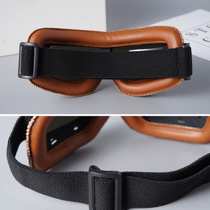 "Vintage Motorradbrille mit UV-Schutz, klassisches Design, braune Linsen, faltbar, verstellbares Band, kratzfest."