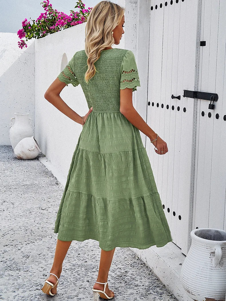 Vintage Sommerkleid Damen, Midi, Rundhals, luftiges Design, sommerlich, vielfältige Farben, elegant für jeden Anlass.