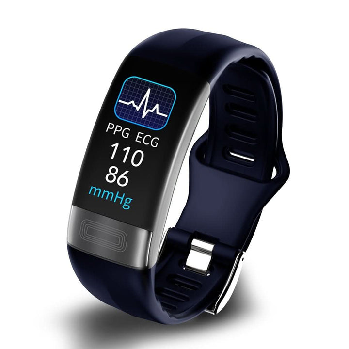 Person wearing VitalBand Smart Armband, tracking ECG, BP, HR. Unisex waterproof fitness monitor for active lifestyles.