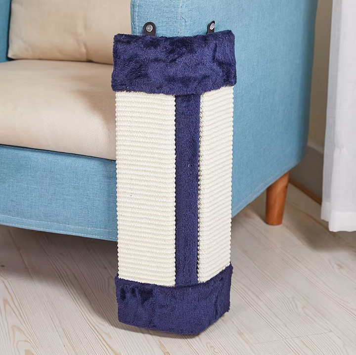 Functional cat scratch board with soft, resilient cover, wall-attached for furniture protection