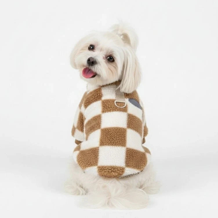 Warm checkered fleece dog jacket with D-ring, perfect for winter pet apparel, small dog size.