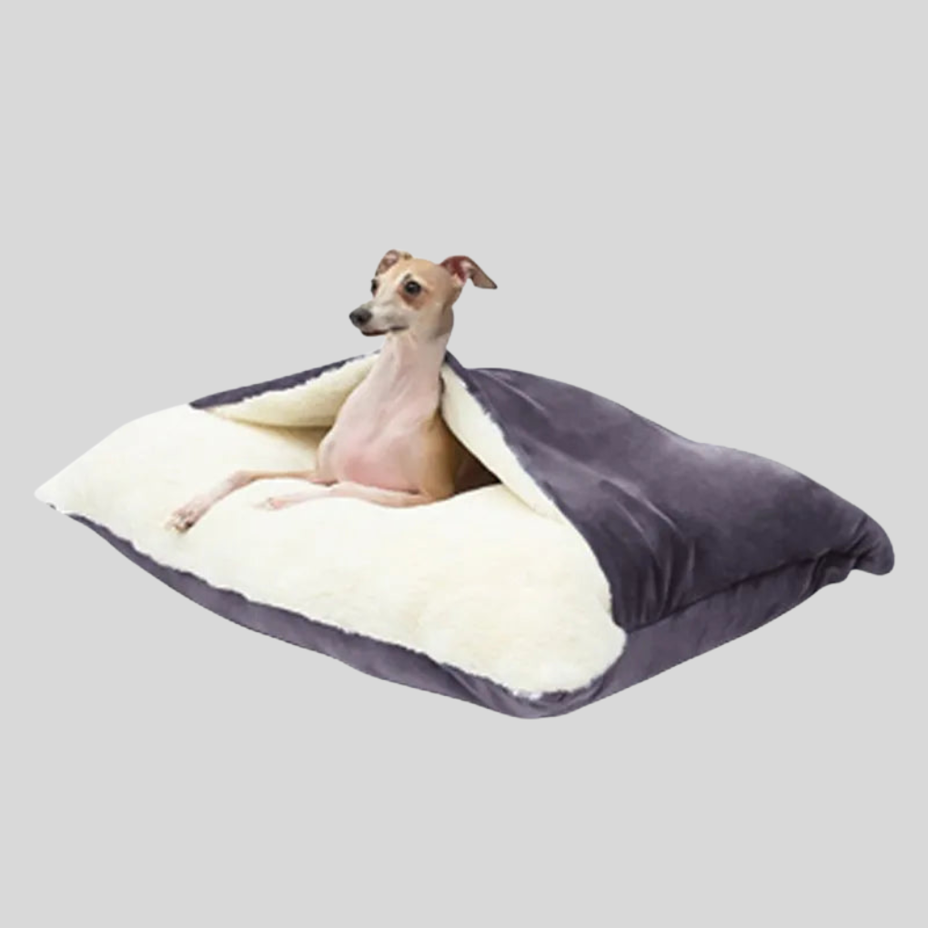Soft, cozy dog travel bed, pet sleeping bag unrolled, suitable as crate liner.