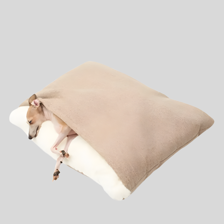 Dog accessory: new, portable pet sleeping bag, warm & cozy travel bed close-up.