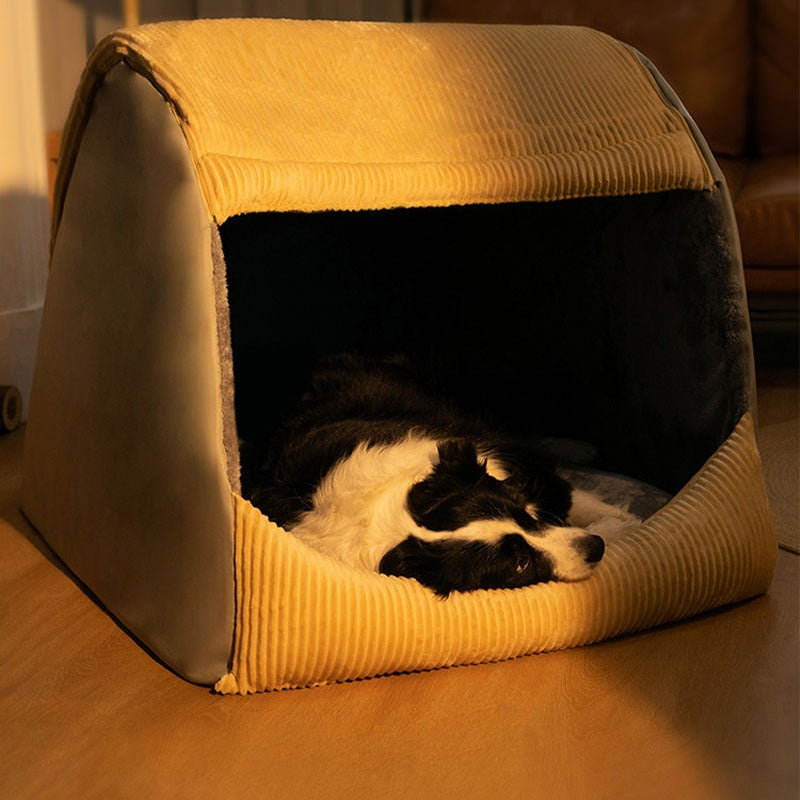 Comfortable semi-enclosed pet tent, a washable flannel dog cave bed for animal comfort.