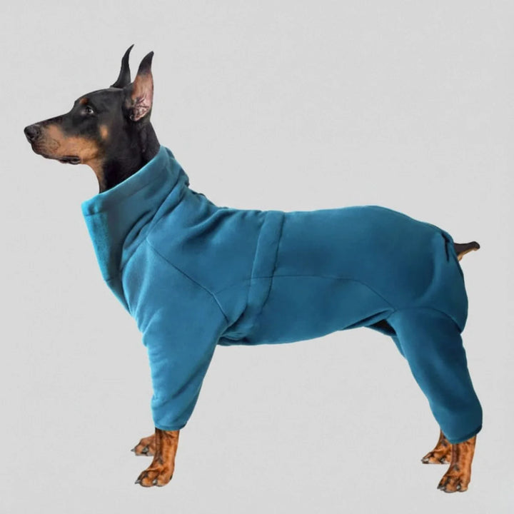 Warm fleece dog jumpsuit for winter, covering full body, in a vibrant blue color, perfect for cold weather.