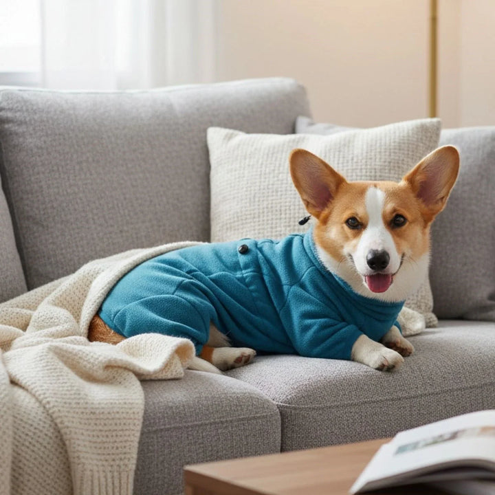 Black full body fleece dog jumpsuit, soft pet clothing for ultimate warmth and comfort in cold winter months.