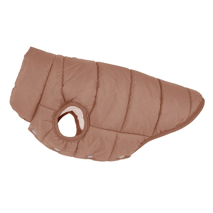 Dog winter coat, vibrant red, with reflective trim, perfect for outdoor walks in cold weather.