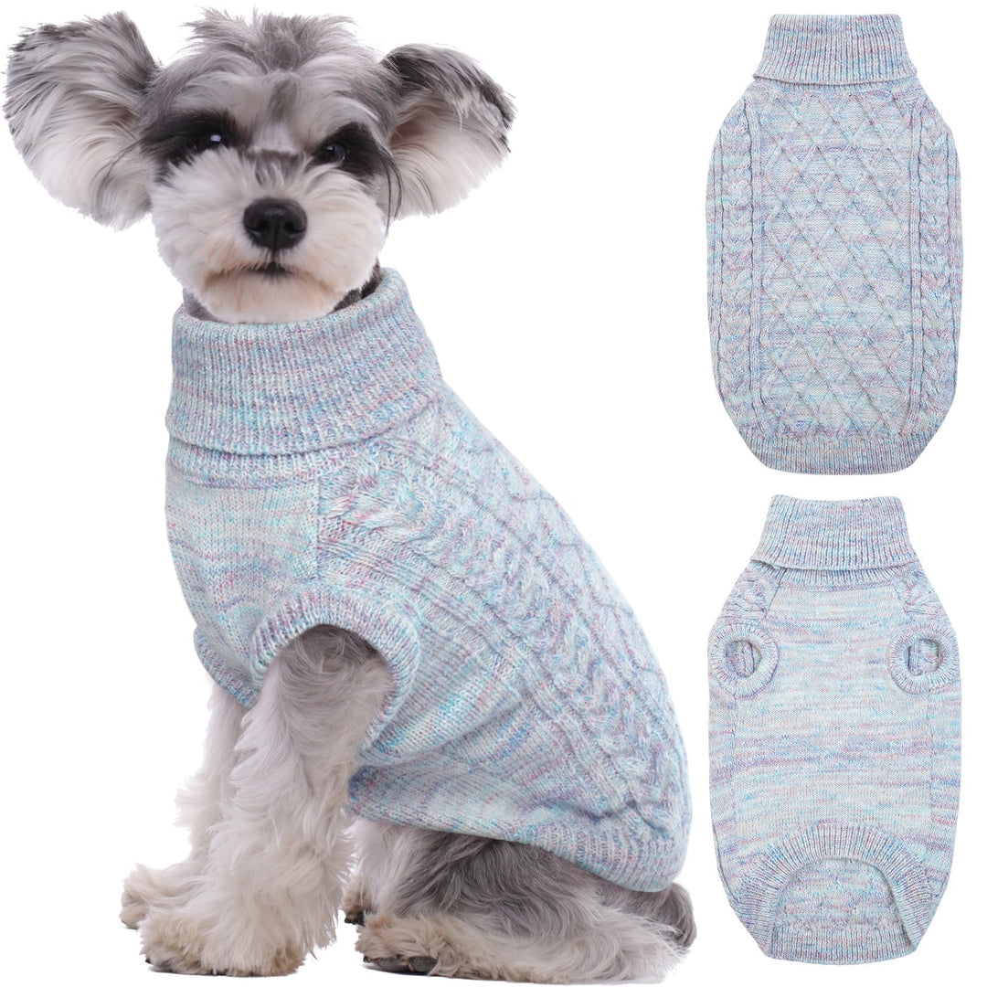 Orange knitted dog turtleneck sweater on a hanger, highlighting its warmth and stretch