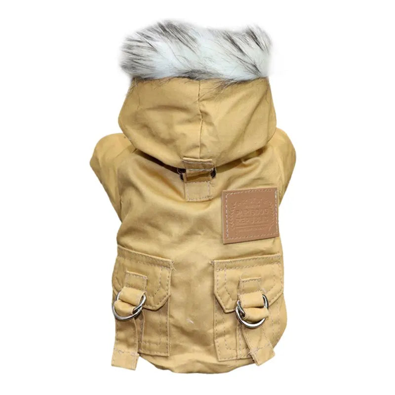 Stylish pet jacket, purple, featuring a hood and warm lining for winter outdoor excursions with your dog