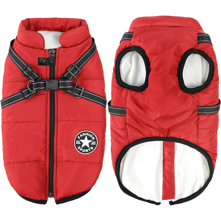 Warm red dog winter jacket with reflective trim for cold weather protection