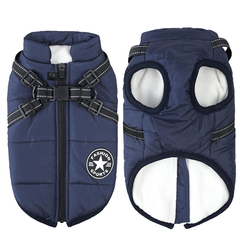 Waterproof dog coat, black, showing back detail for warmth and pet apparel
