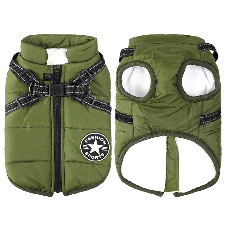 Stylish blue dog jacket with leash opening, perfect for winter cold weather