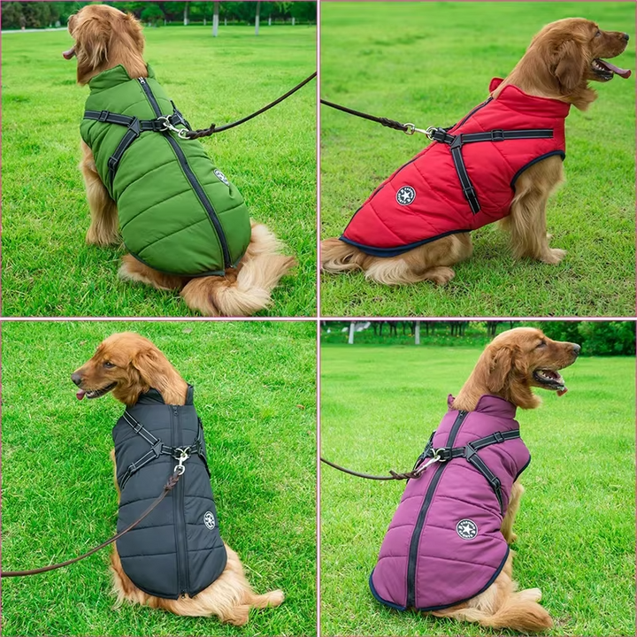 Grey outdoor dog winter coat, integrated harness, durable waterproof material, pet apparel