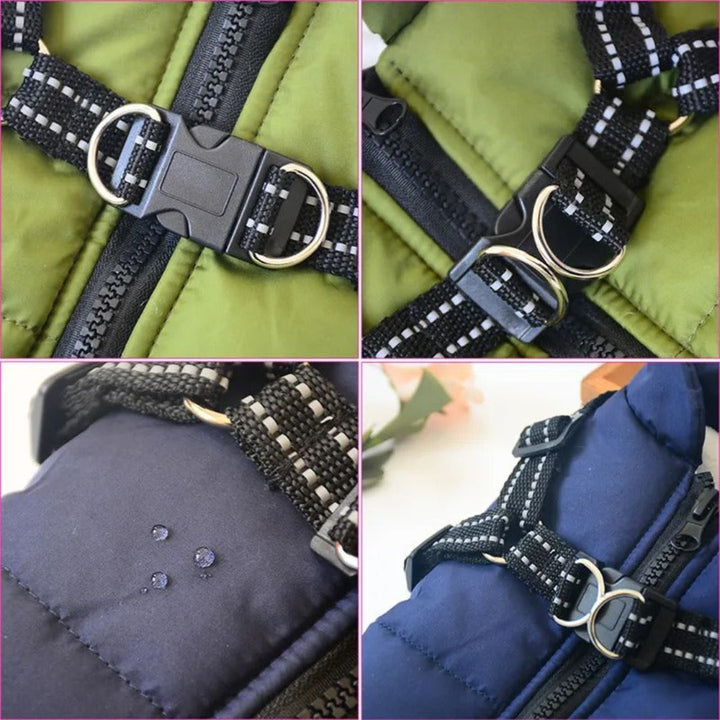 Black unisex dog jacket with built-in harness, close-up of buckle, waterproof warm vest