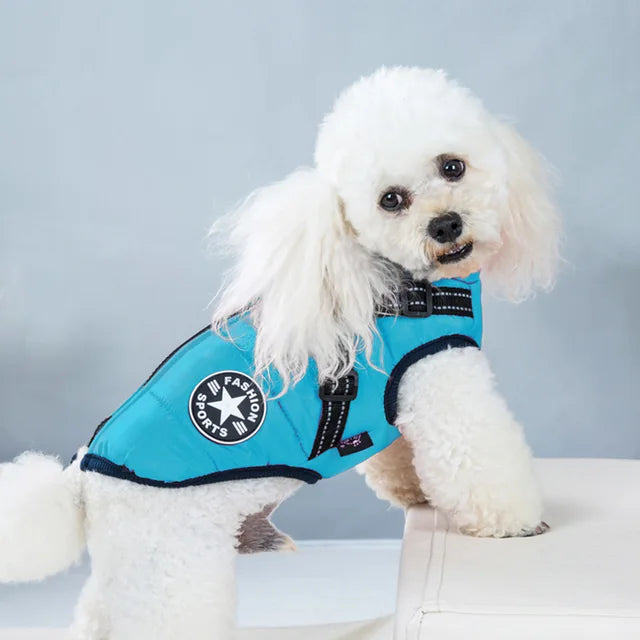 Brown waterproof dog winter jacket, integrated harness, soft fleece lining, comfortable pet apparel