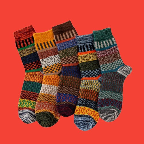 "Warme Wollsocken im Vintage-Stil, 5 Paar, kuschelig und stilvoll für den Winter, ideale Accessoires in versch. Farben."