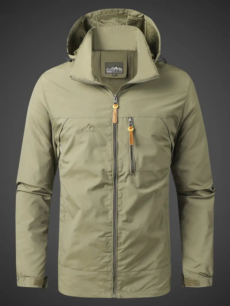 "Wasser- und winddichte Herren Outdoor Jacke in stilvollem Design, frontale Ansicht, ideal für vielseitige Wetterlagen."